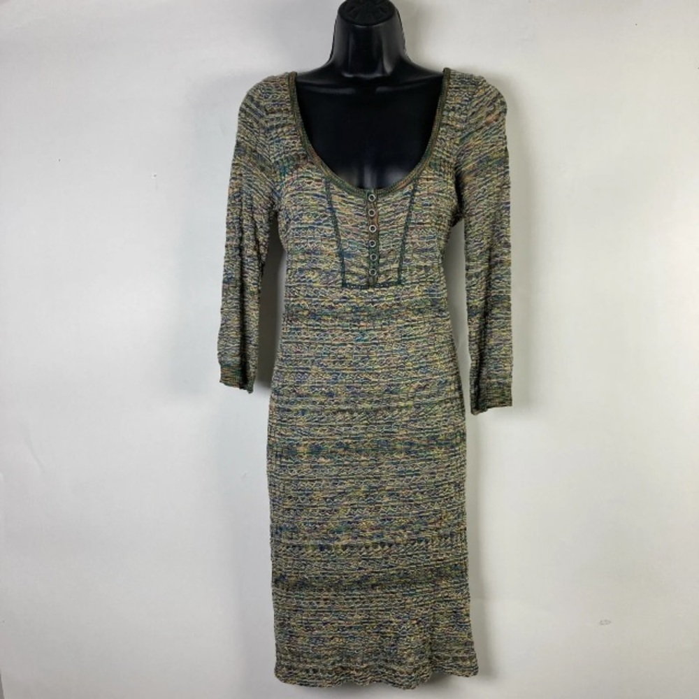 Free People Sunrise Dress L Knit Bodycon Henley Neckline Lined pucker